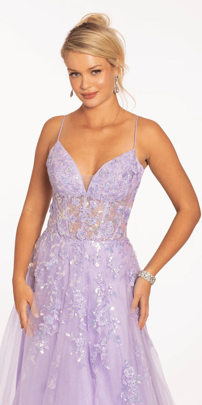 lilac/size/4/missy/Camille La Vie/Sweetheart Plunging Mesh Corset Ballgown with Embellished Appliques /close up