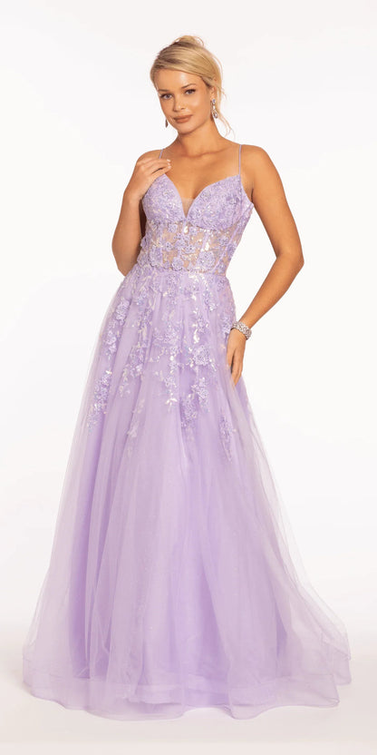 lilac/size/4/missy/Camille La Vie/Sweetheart Plunging Mesh Corset Ballgown with Embellished Appliques /front alt 2