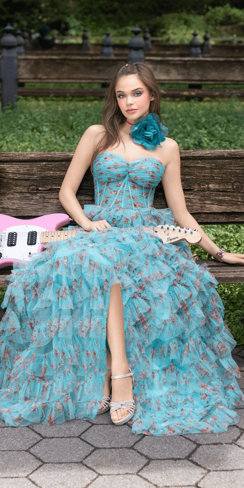 sea-green/size/4/missy/Camille La Vie/Sweetheart Ruched Print Mesh Tiered A Line Dress/lifestyle