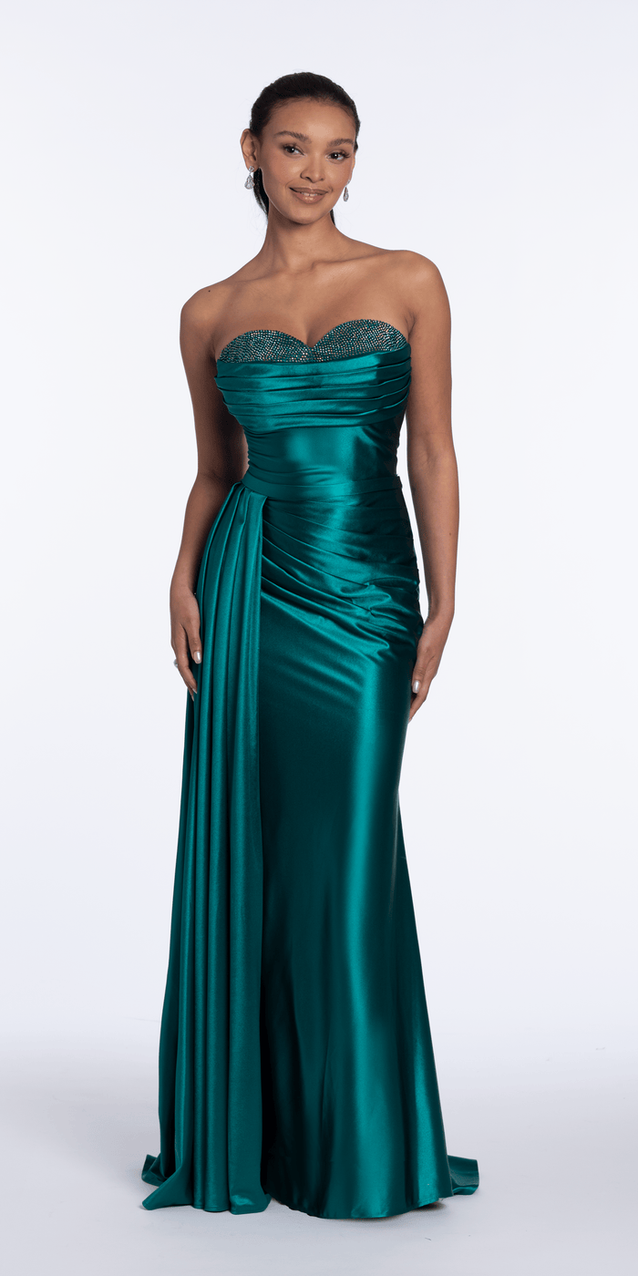 emerald/size/4/missy/Camille La Vie/Sweetheart Sparkle Stretch Satin Column Dress with Side Drape/front