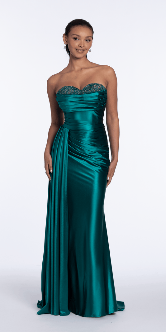 emerald/size/4/missy/Camille La Vie/Sweetheart Sparkle Stretch Satin Column Dress with Side Drape/front