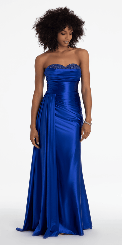 royal-blue/size/4/missy/Camille La Vie/Sweetheart Sparkle Stretch Satin Column Dress with Side Drape/front