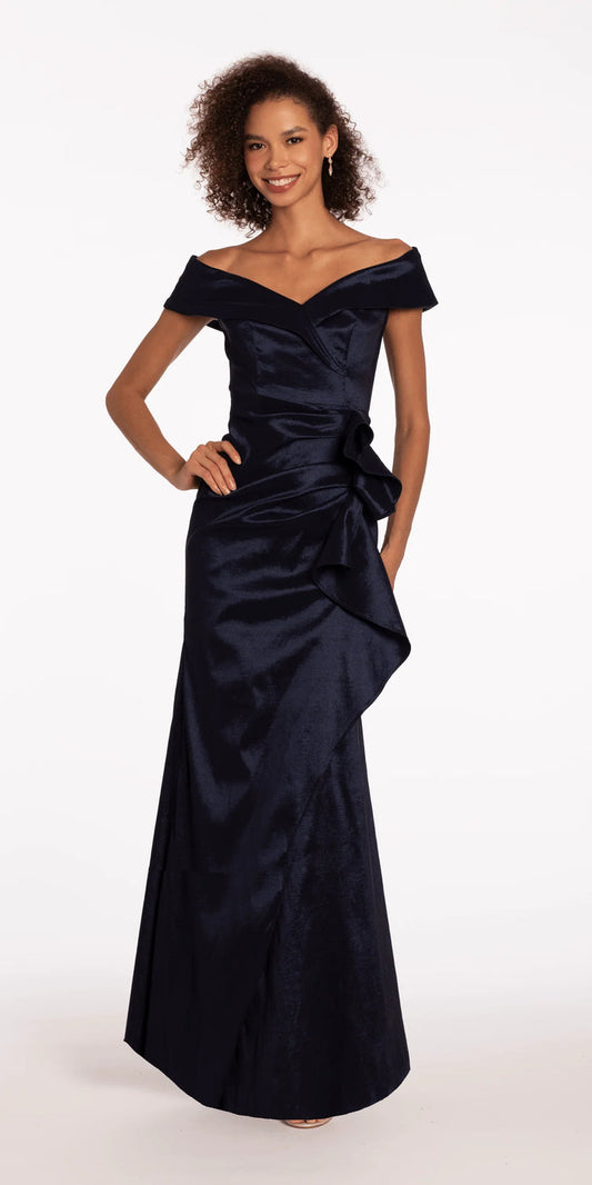 Taffeta Cuff Off the Shoulder Column Dress with Side Slit - Camille La Vie
