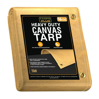 Tan 16' x 20' canvas tarp folded for compact storage and outdoor utility tasks