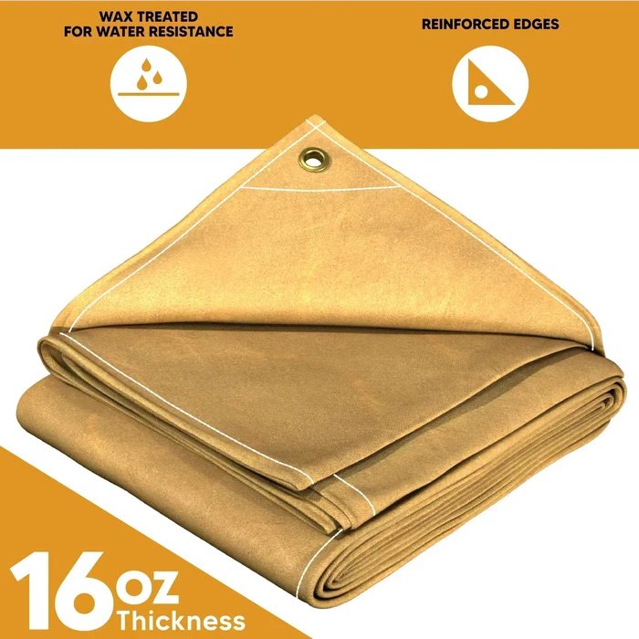 Tan 16' x 20' rugged canvas tarp designed for heavy outdoor weather resistance
