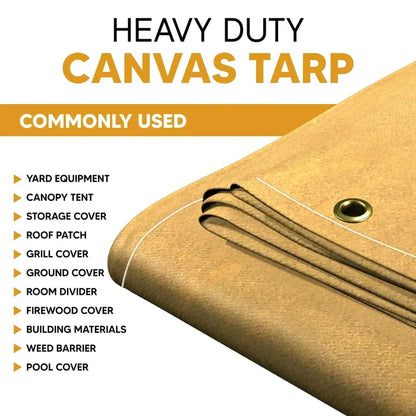 Tan 16' x 20' canvas tarp featuring eyelet edges and reinforced stitching support