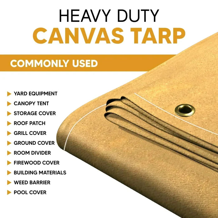 Tan 6' x 10' weather resistant canvas tarp suitable for outdoor protection use