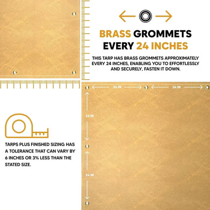 Tan 6' x 10' canvas tarp featuring reinforced brass grommets and stitched hems