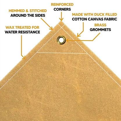 Tan 6' x 10' canvas tarp with reinforced corner support and thick fabric weave