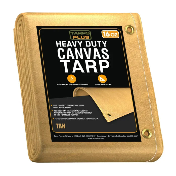 Tan 6' x 8' canvas tarp folded for compact storage and outdoor worksite use