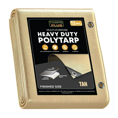Tan 10' x 10' earthtone tarps designed for outdoor utility and protective coverage tasks