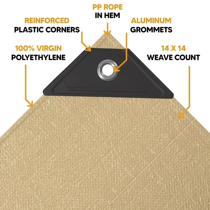 Tan 14' x 20' tarp with reinforced edge detail and durable anchor support