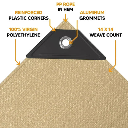 Tan 16' x 20' tarp featuring anchor fastening support and reinforced edge durability