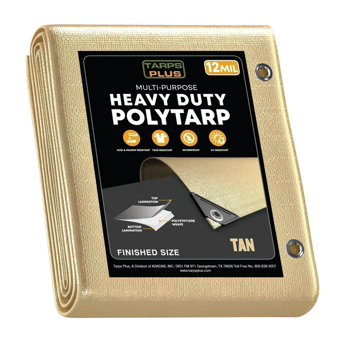 Tan 20' x 20' earthtone tarps designed for outdoor utility and weather protection coverage