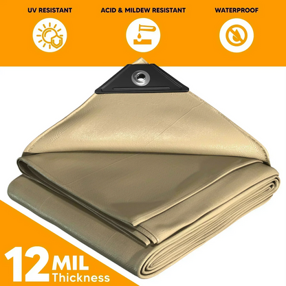 Folded Tan 8' x 10' earth layer tarps prepared for temporary shielding applications