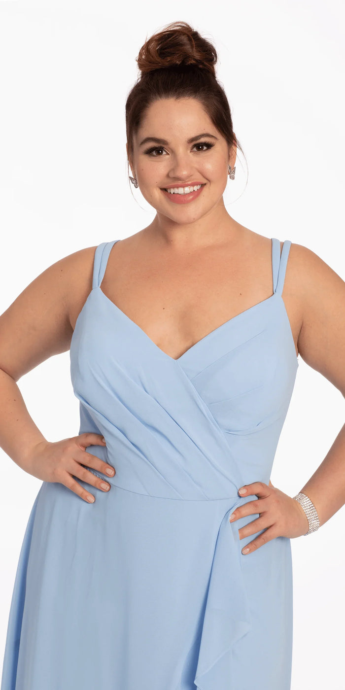 light-blue/size/14/plus/Camille La Vie/Tiered Chiffon Double Strap High Low Dress/close up