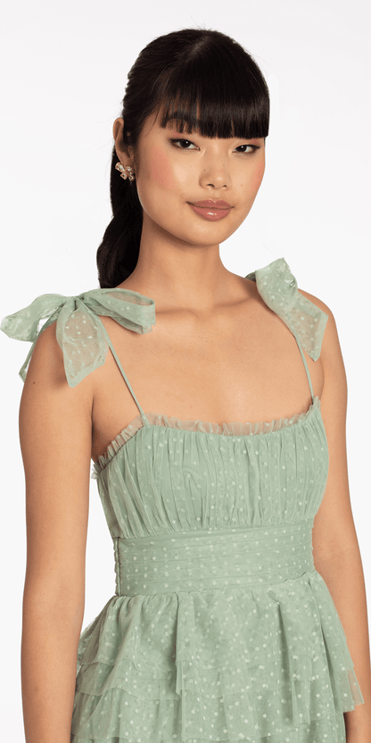 Tiered Mesh Embossed Fit and Flare Dress with Tie Straps - Camille La Vie