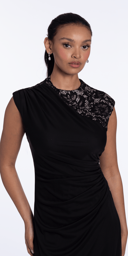 Two Tone Mesh Jewel Neck Cap Sleeve Column Dress with Ruching - Camille La Vie