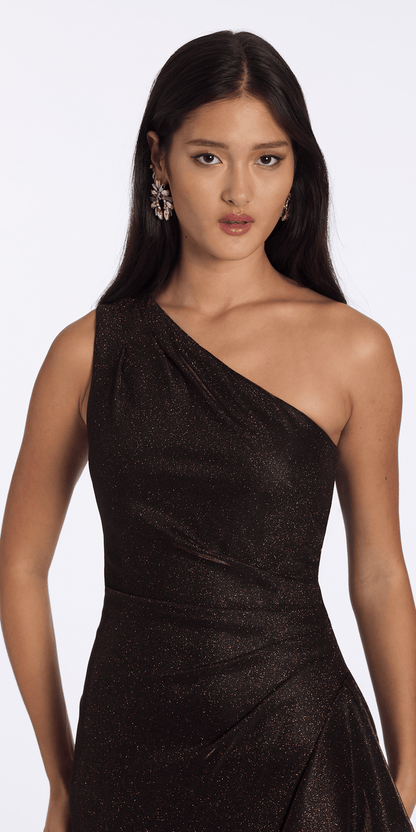 Camille La Vie Two Tone Metallic One Shoulder Column Dress with Side Cascade
