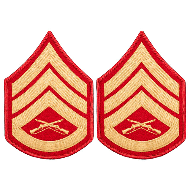 U.S. Marine Corps USMC Staff Sergeant (SSgt) E-6 Rank Chevron Patches, Dress Blues Uniform (Red/Gold)