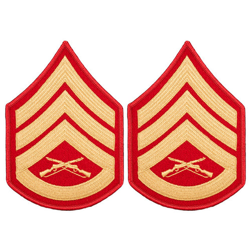 U.S. Marine Corps USMC Staff Sergeant (SSgt) E-6 Rank Chevron Patches, Dress Blues Uniform (Red/Gold)