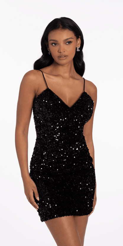 black/size/4/missy/Camille La Vie/Velvet Sequin Lace Up Back Bodycon Dress/front