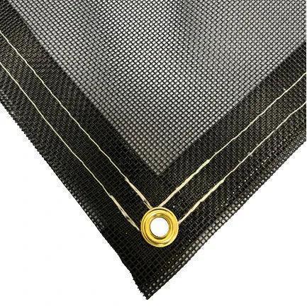 Black 10' x 10' vinyl mesh tarp with industrial corner reinforcement and brass grommet
