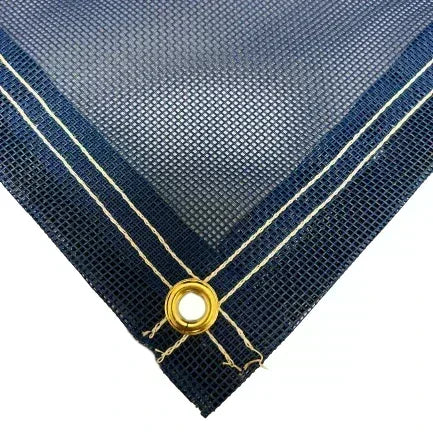 Blue 12' x 16' vinyl mesh tarp with strengthened corner support and brass hardware