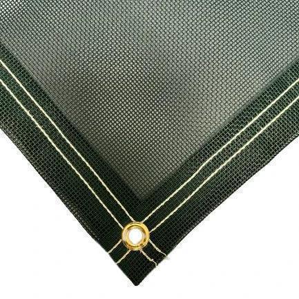 Green 10' x 16' vinyl mesh tarp with strengthened corner support and brass grommet