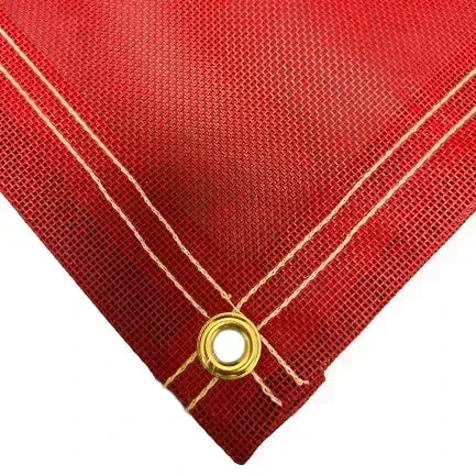 Red 10' x 10' vinyl mesh tarp featuring industrial corner attachment and reinforced trim