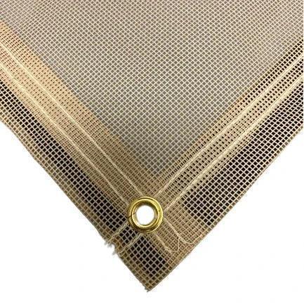 Tan 10' x 10' vinyl mesh tarp featuring secure anchor point and reinforced corner
