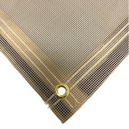 Tan 6' x 8' vinyl mesh tarp with heavy anchor corner and reinforced border stitching