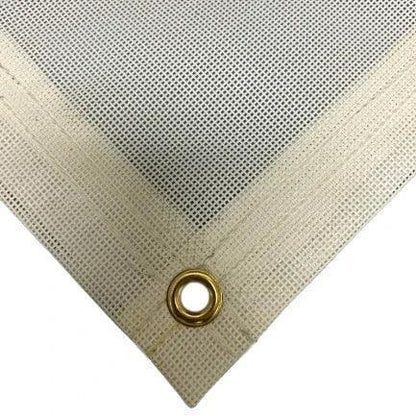White 10' x 10' vinyl mesh tarp featuring rugged anchor support and brass hardware