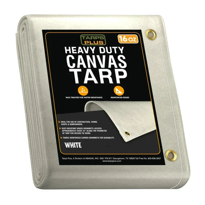 White 10' x 12' canvas tarp folded for compact outdoor storage coverage