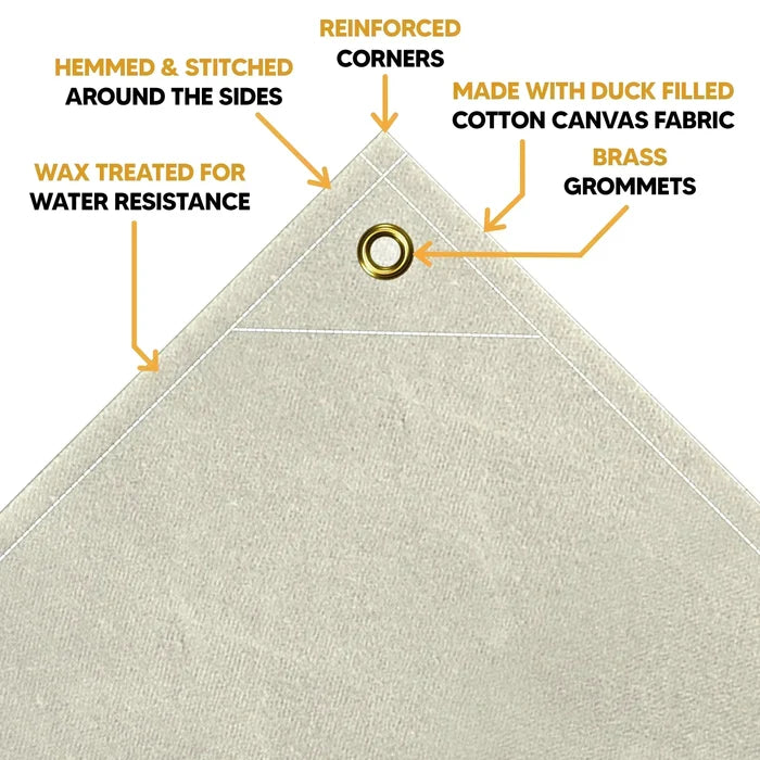 White 10' x 12' canvas tarp with reinforced corner support and durable cotton weave