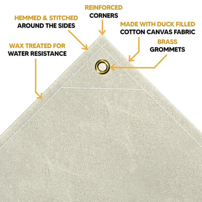 White 10' x 12' canvas tarp with reinforced corner support and durable cotton weave