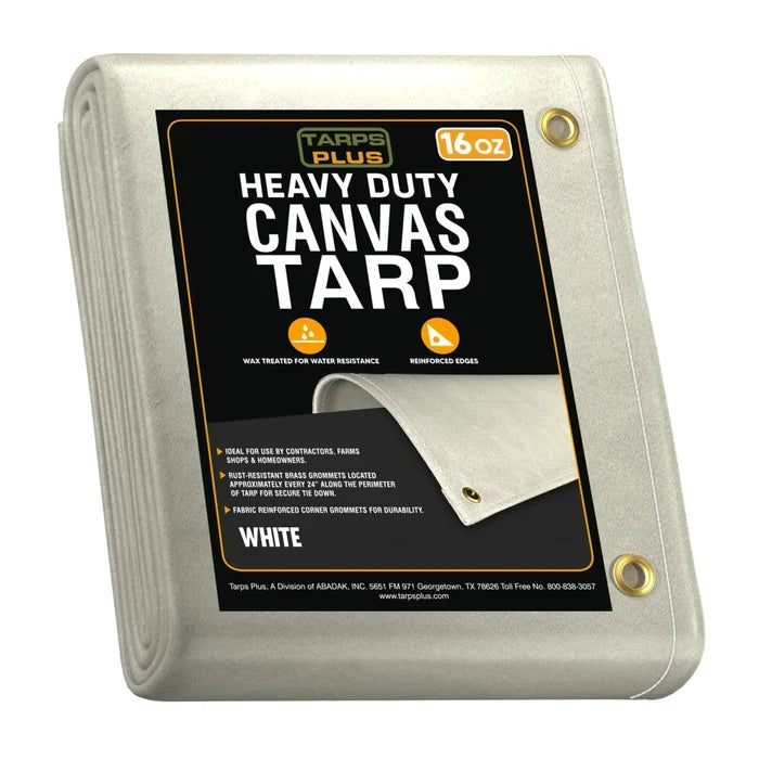 White 12' x 20' canvas tarp folded for compact outdoor storage coverage