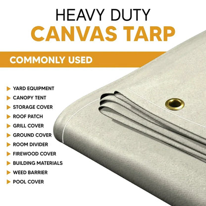 White 12' x 20' canvas tarp featuring reinforced grommets and stitched seam support