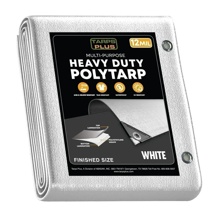 White 6' x 30' extended coverage tarp designed for long outdoor protection areas