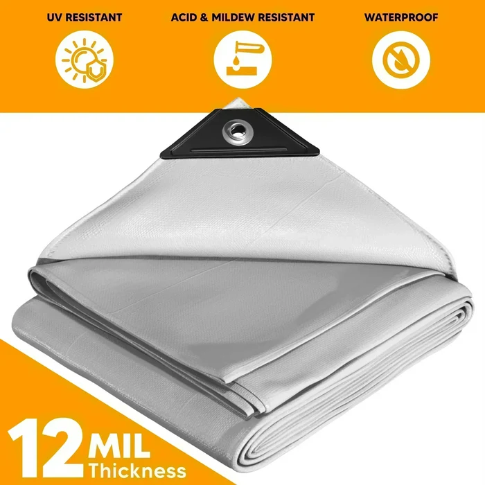 Folded white 6' x 30' flexible tarp prepared for temporary partition and storage use