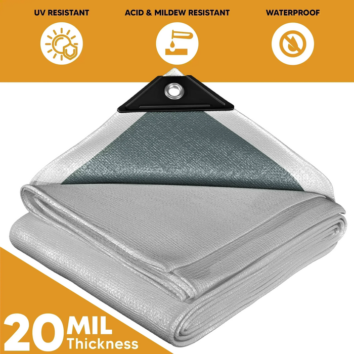 Folded White Silver 10' x 12' protection layer tarp prepared for temporary shielding applications