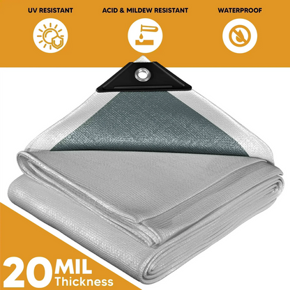 Folded White Silver 10' x 12' protection layer tarp prepared for temporary shielding applications