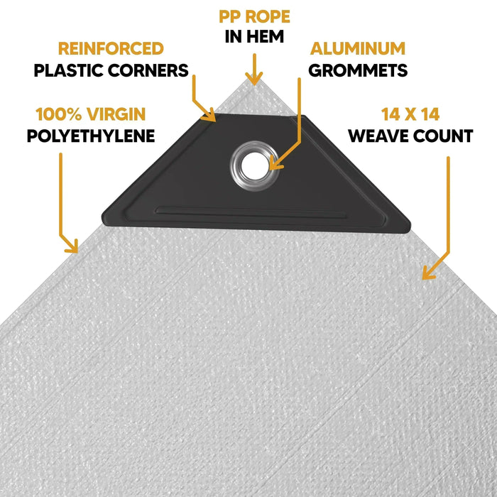 White Silver 10' x 12' tarp with reinforced edge detail and durable anchor support