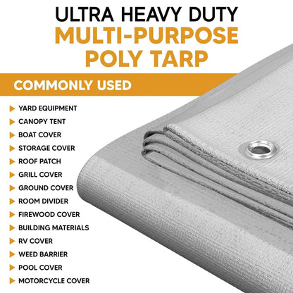 White Silver 10' x 12' heavy duty tarp built for extensive weather defense and shielding use