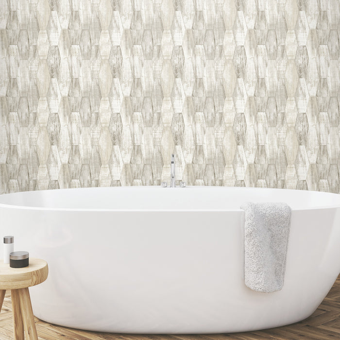Wood Hexagon Tile P&S Wallpaper in a room setting