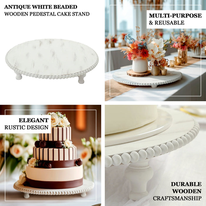 Wooden Pedestal Cake Stand  – Antique White Beaded Riser, Rustic Wood Slice or Cupcake Display