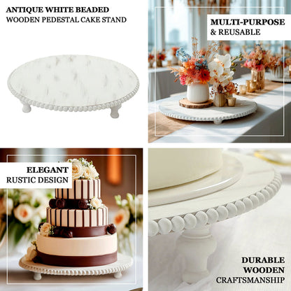 Wooden Pedestal Cake Stand  – Antique White Beaded Riser, Rustic Wood Slice or Cupcake Display
