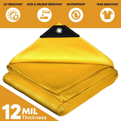 Folded Yellow 12' x 16' storage layer tarps prepared for temporary weather defense projects