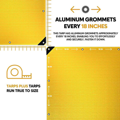 Yellow 20' x 30' tarps featuring anchor corner support and reinforced fastening construction